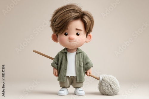 Cute 3D Cartoon Character Illustration of a Young Boy Holding a Broom or Duster Looking Reluctant to Clean