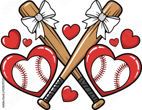Baseball bats crossed with a heart shaped baseball for valentine's day love celebration.
