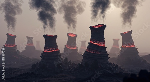 Nuclear power station in the mountains under a dramatic sky with clouds and a hint of sunset