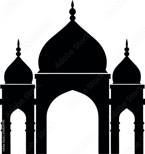 Mosque silhouette vector illustration. Islamic religious building, traditional mosque architecture, black sacred worship structure