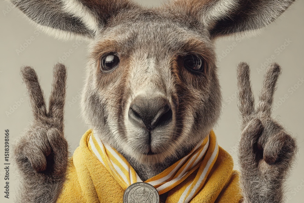 Obraz premium Kangaroo wearing a gold jacket making peace signs with both hands