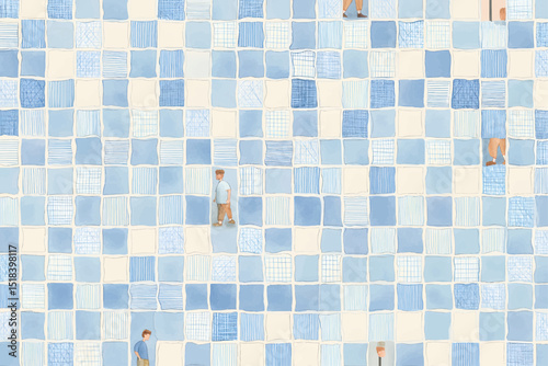 Vector illustration navigating a labyrinth of blue and beige checkered tiles, figures symbolize life's complex journey and individual paths.