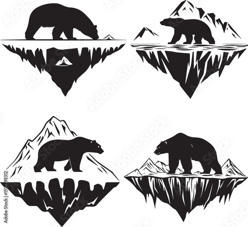 Stylized Black and White Illustration of Polar Bears on Floating Icebergs with Snowy Mountains, Symbolizing Wildlife Conservation and Arctic Ecosystem