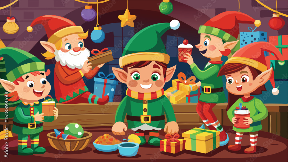 Fototapeta premium Christmas Elves Preparing Gifts in a Cozy Workshop