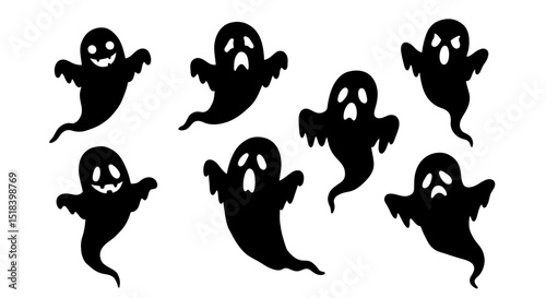 Collection of Cartoon Halloween Ghosts with Varying Expressions