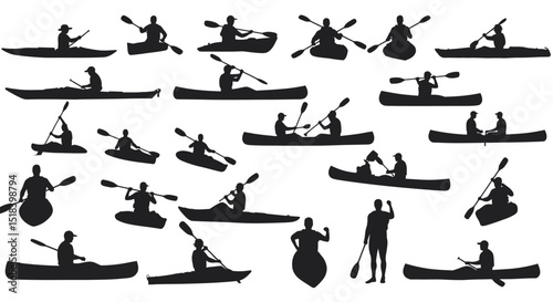 Collection of Kayak and Canoe Silhouettes People Paddling Watercraft