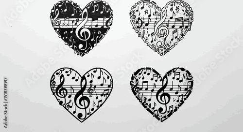 Four Black and White Musical Note Hearts