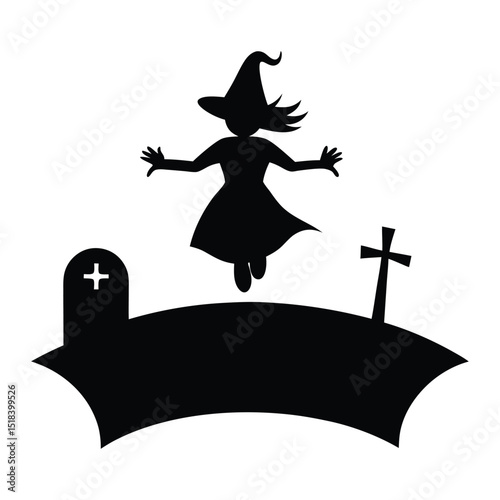 Halloween witch flying over graveyard silhouette