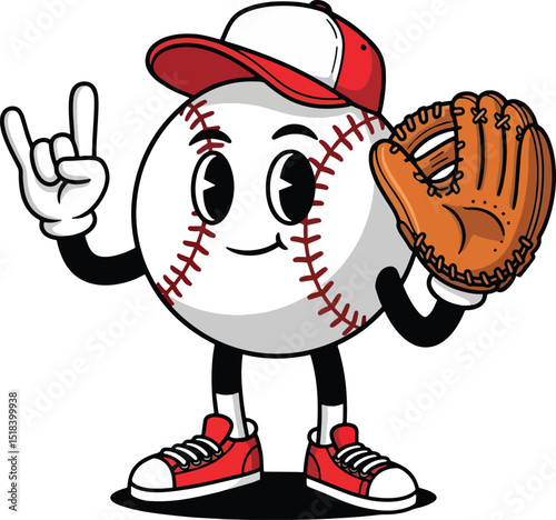 Cartoon baseball character wearing a cap and glove showing a rock on hand gesture