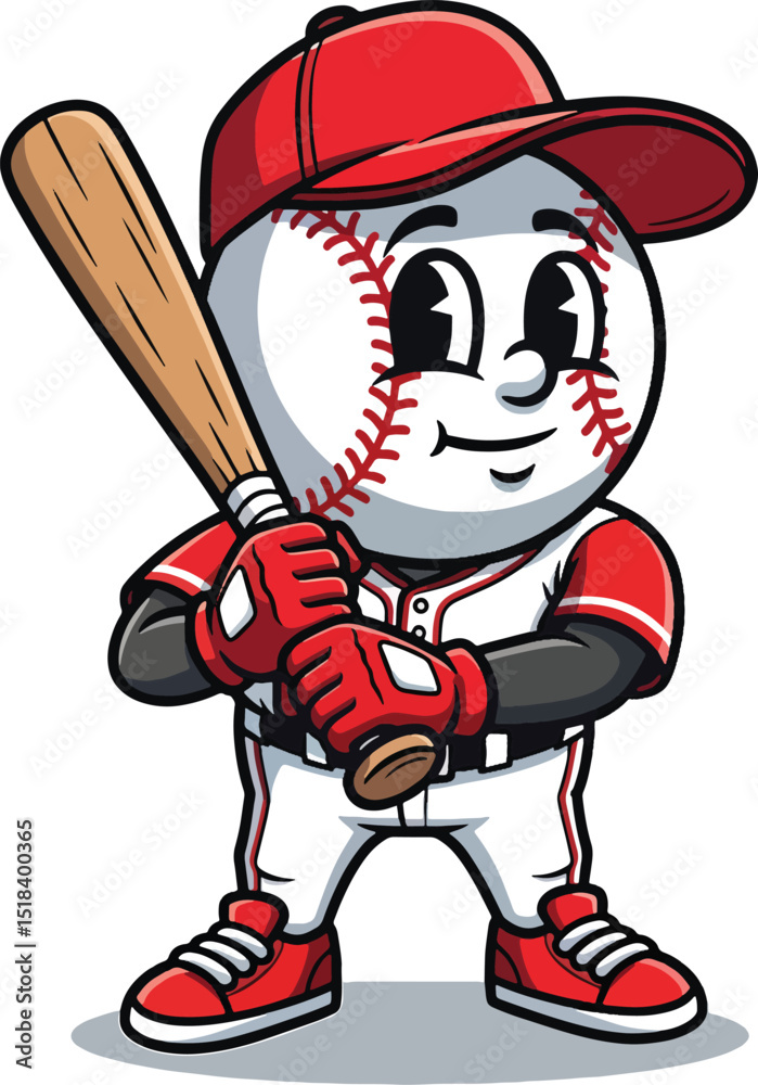Cartoon baseball mascot character smiling and holding a bat ready to play the game