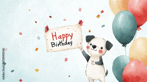 flat watercolor style illustration, attractive for children, cute dog holding a signboard with text 