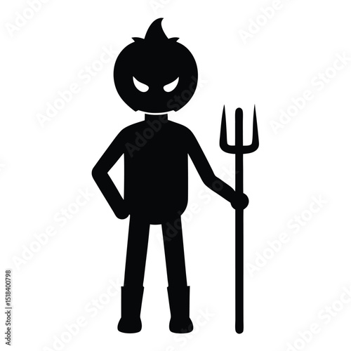Spooky halloween pumpkin head farmer with pitchfork
