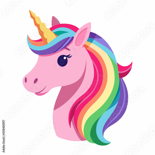 Pink Unicorn Head with Rainbow Mane and Horn – Vector Illustration on White Background

