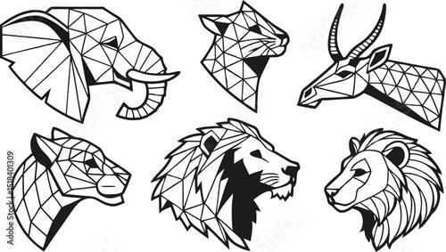 Set of Geometric abstract animals. Trendy mono line vector design. Black animals on white background.  