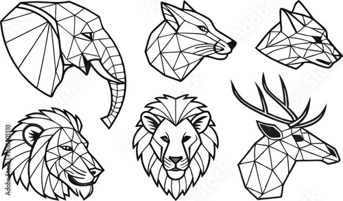 Set of Geometric abstract animals. Trendy mono line vector design. Black animals on white background.  