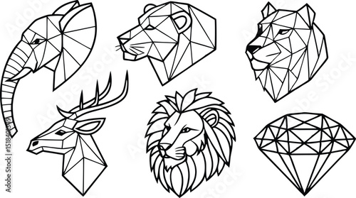 Set of Geometric abstract animals. Trendy mono line vector design. Black animals on white background.  