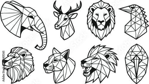 Set of Geometric abstract animals. Trendy mono line vector design. Black animals on white background.  