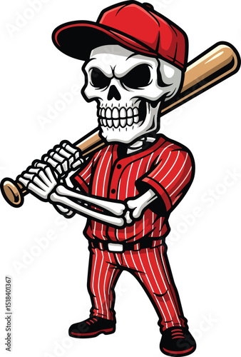 Cartoon skeleton baseball player ready to swing the bat and play sports in a pinstripe uniform