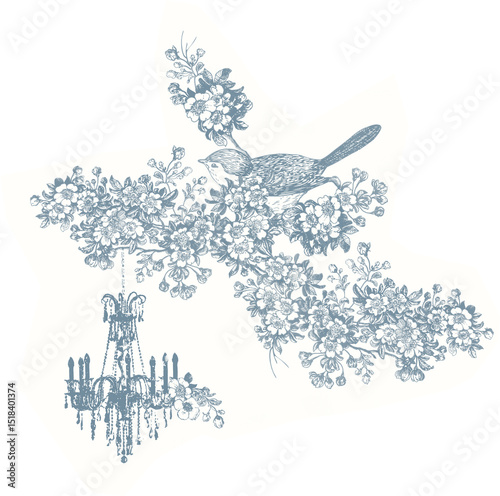A bird is sitting on blooming apple branch with chandelier in blue. Illustration