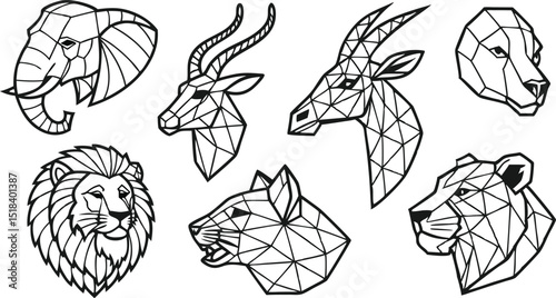Set of Geometric abstract animals. Trendy mono line vector design. Black animals on white background.  