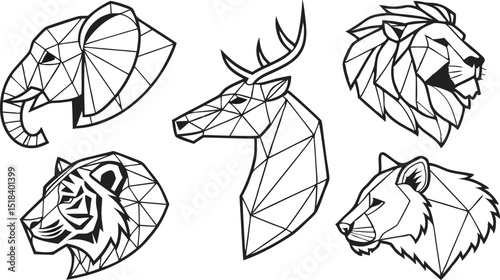 Set of Geometric abstract animals. Trendy mono line vector design. Black animals on white background.  
