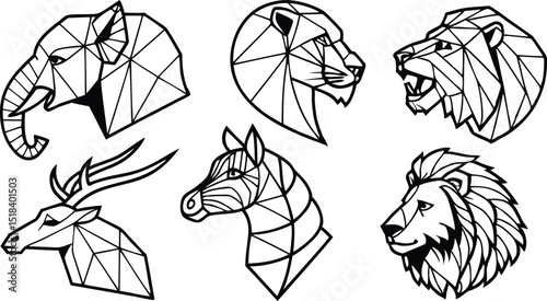 Set of Geometric abstract animals. Trendy mono line vector design. Black animals on white background.  