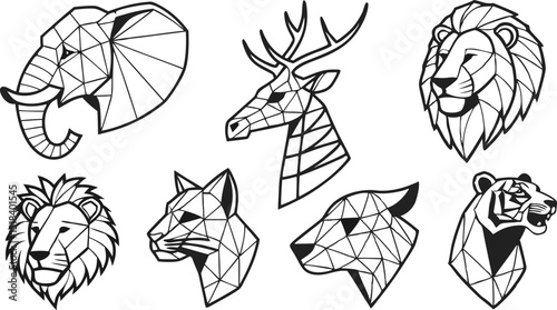 Set of Geometric abstract animals. Trendy mono line vector design. Black animals on white background.  