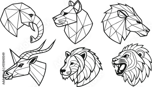 Set of Geometric abstract animals. Trendy mono line vector design. Black animals on white background.  