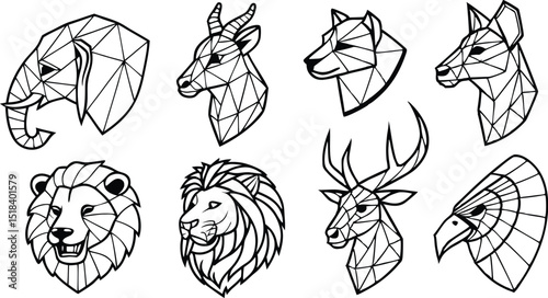 Set of Geometric abstract animals. Trendy mono line vector design. Black animals on white background.  