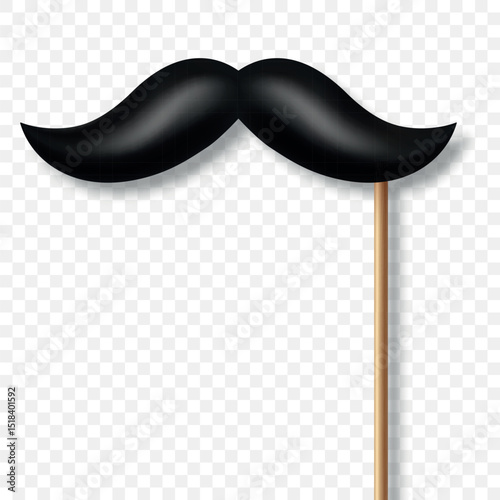 Vector 3d Realistic Black Mustache Prop on Stick, Isolated. Simple Mustache for Party, Photo Booth, Masquerade, Costume, Funny Carnival, Cosplay, Hipster Style