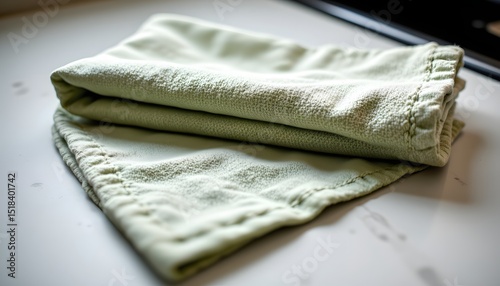 Sage Kitchen Towel: A folded sage kitchen towel rests elegantly on a bright kitchen, evoking a sense of rustic simplicity and domestic charm.