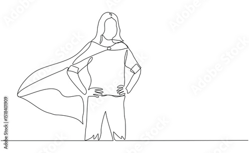 Continuous single one line drawing of flying business super hero woman. Vector illustration concept of power employee, success achievement, business hero leader