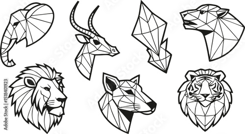 Set of Geometric abstract animals. Trendy mono line vector design. Black animals on white background.  
