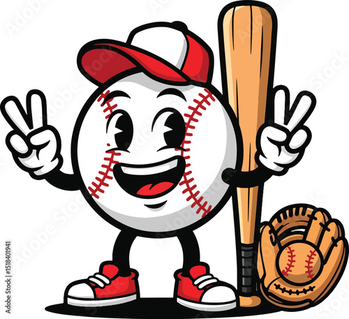 Cheerful baseball mascot character with baseball bat and glove posing peace sign for american sports