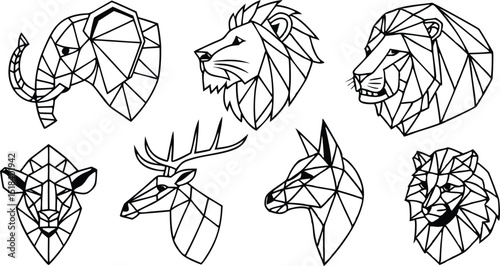 Set of Geometric abstract animals. Trendy mono line vector design. Black animals on white background.  