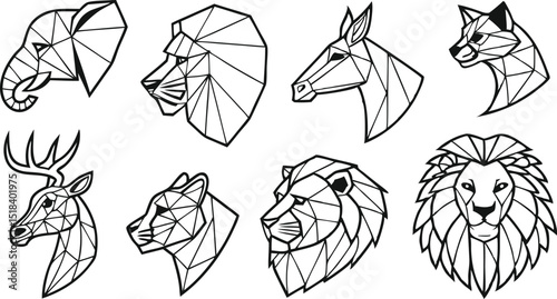 Set of Geometric abstract animals. Trendy mono line vector design. Black animals on white background.  