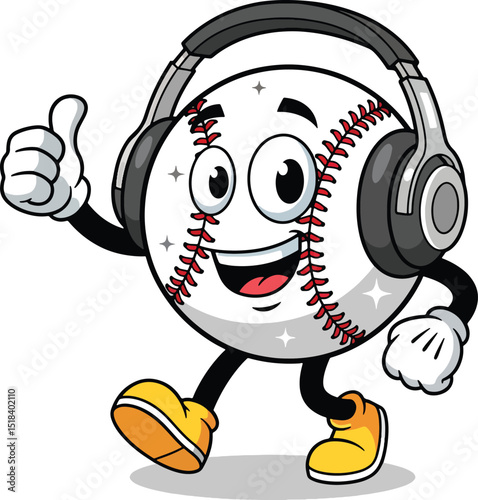 Cheerful cartoon baseball mascot with headphones giving a thumbs up on a white background