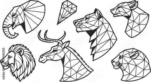 Set of Geometric abstract animals. Trendy mono line vector design. Black animals on white background.  