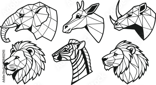 Set of Geometric abstract animals. Trendy mono line vector design. Black animals on white background.  