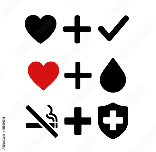 Health and wellness icons including heart, checkmark, drop, no smoking, and shield with transparent background

