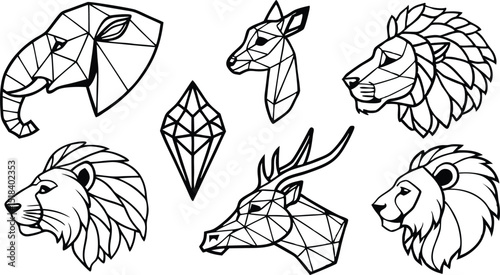 Set of Geometric abstract animals. Trendy mono line vector design. Black animals on white background.  