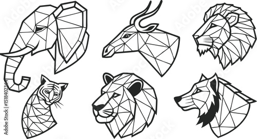 Set of Geometric abstract animals. Trendy mono line vector design. Black animals on white background.  