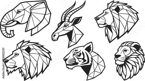 Set of Geometric abstract animals. Trendy mono line vector design. Black animals on white background.  