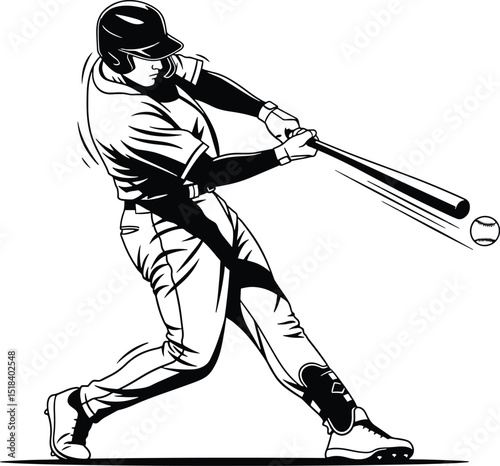 Dynamic black and white illustration of a baseball player swinging a bat to hit the ball