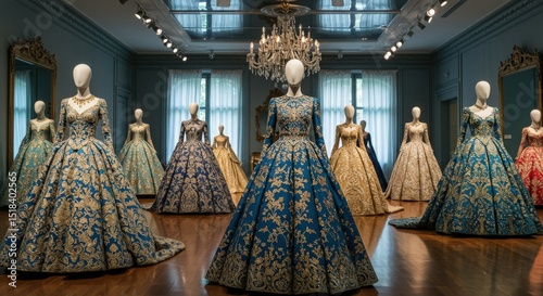Elegant historical ballroom fashion women showcasing classic European royal gowns in a grand palace 