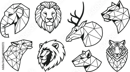 Set of Geometric abstract animals. Trendy mono line vector design. Black animals on white background.  