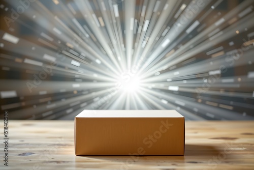 Fast Delivery Concept: A sturdy cardboard box sits center stage, dramatically lit by a radiant burst of light suggesting speed and efficiency in delivery.