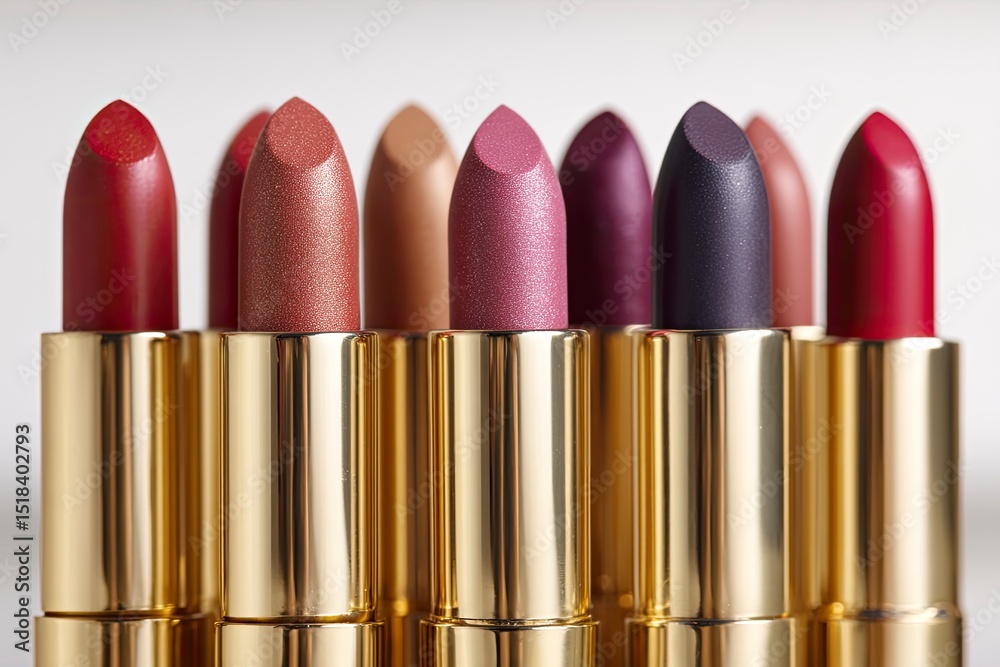 Obraz premium Array of seven lipsticks diverse hues gold casings white backdrop