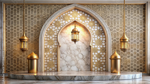 Elegant islamic architecture ramadan background golden lanterns marble