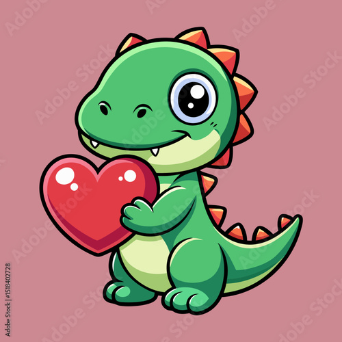 Cute Baby Dinosaur Holding Heart – Valentine Cartoon Illustration

